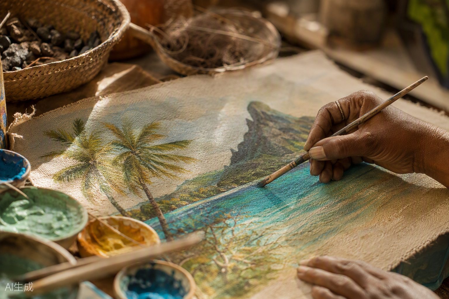 Local artist painting a tropical scene with natural paints on recycled canvas