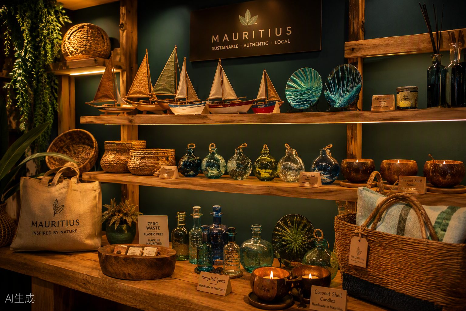 Sustainable Mauritian souvenirs on boutique shelves