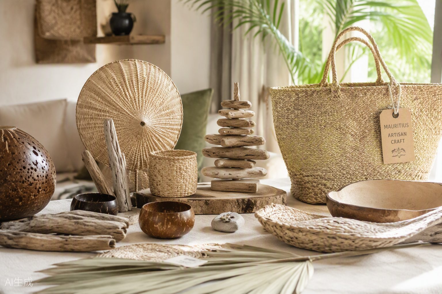 Handcrafted décor made from driftwood, coconut and woven vacoas leaves