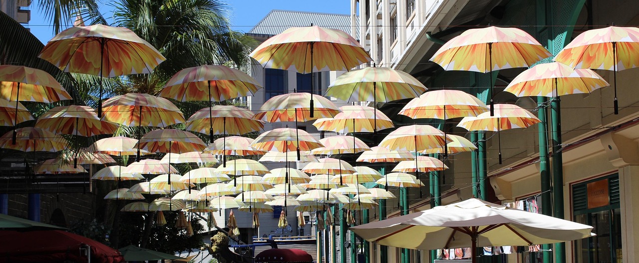 Colourful umbrellas floating above a street in Port Louis, Mauritius